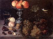 Georg Flegel Still life of grapes on a pewter dish,together with peaches,nuts,a glass roemer and a silver tazza containing apples and pears,and a blue-tit oil painting on canvas